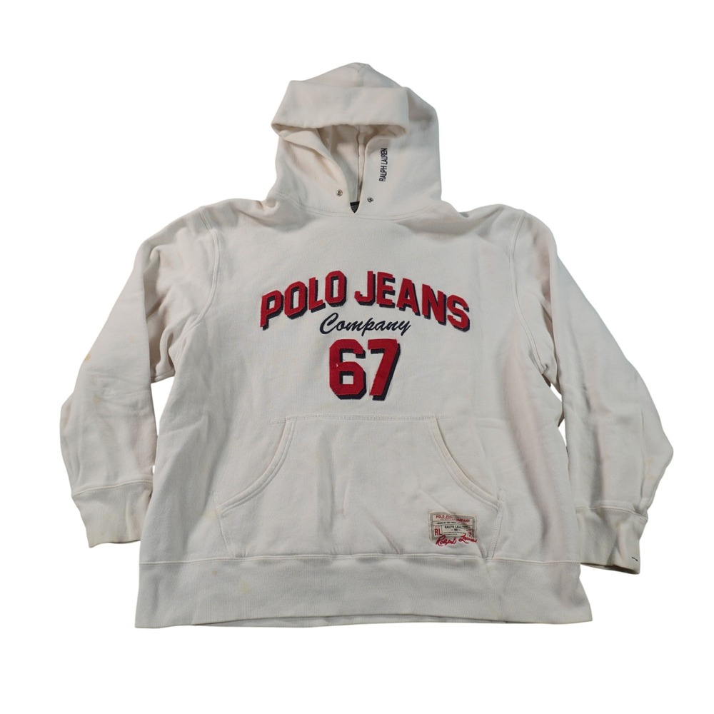 Polo Jeans Co Ralph Lauren Hoodie Mens XL Cream Graphic 67 Pullover Sweatshirt